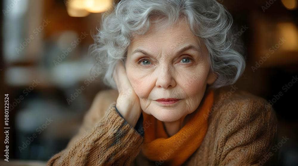 Portrait of Senior Woman With Gray Hair Wearing a Brown Sweater