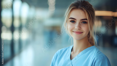 Smiling Woman in Blue Scrubs - Portrait Photo