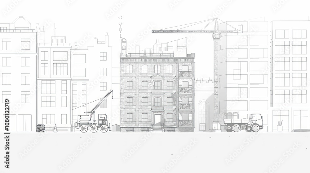 A minimalist illustration of a cityscape with construction machinery and buildings.