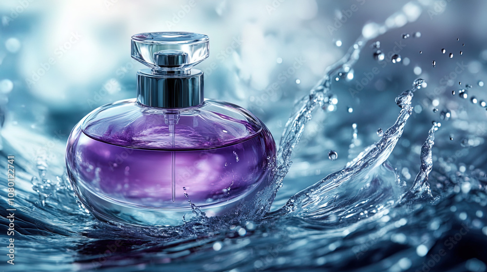 perfume bottle on the beach,Elegant Perfume Bottle Splashing on Water Surface, Dynamic Sunset Backdrop perfume bottle on the beach,Elegant Perfume Bottle Splashing on Water Surface, Dynamic Sunset Backdrop