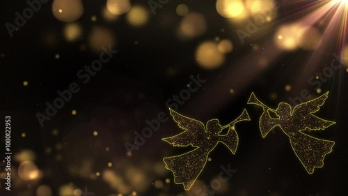 Two shining Christmas angels playing with trumpets in light particles background. Seamless loop of angels singing 4k