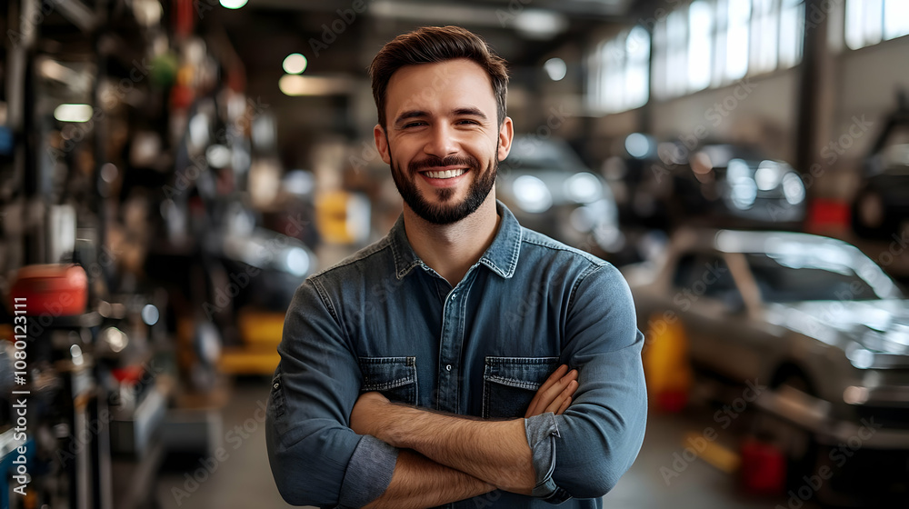 Smiling Mechanic in a Garage Photo Smiling Mechanic in a Garage Photo