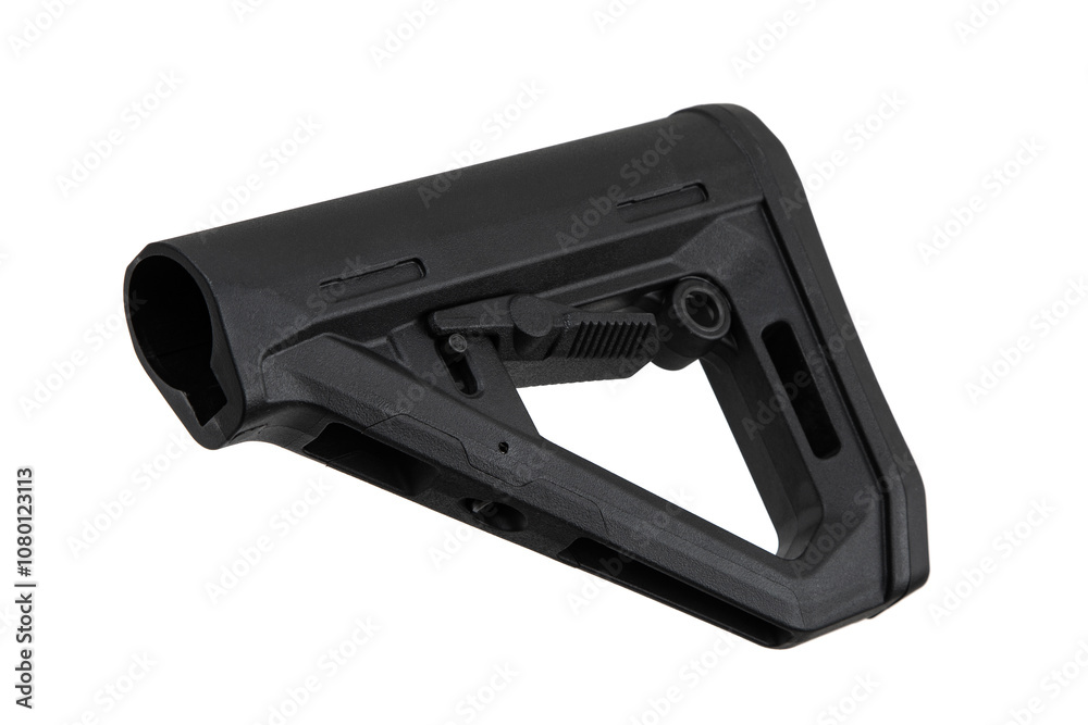 Black adjustable rifle stock, commonly used in firearms for stability and comfort, featuring a textured buttplate and a lever for length adjustment. Isolate on white back