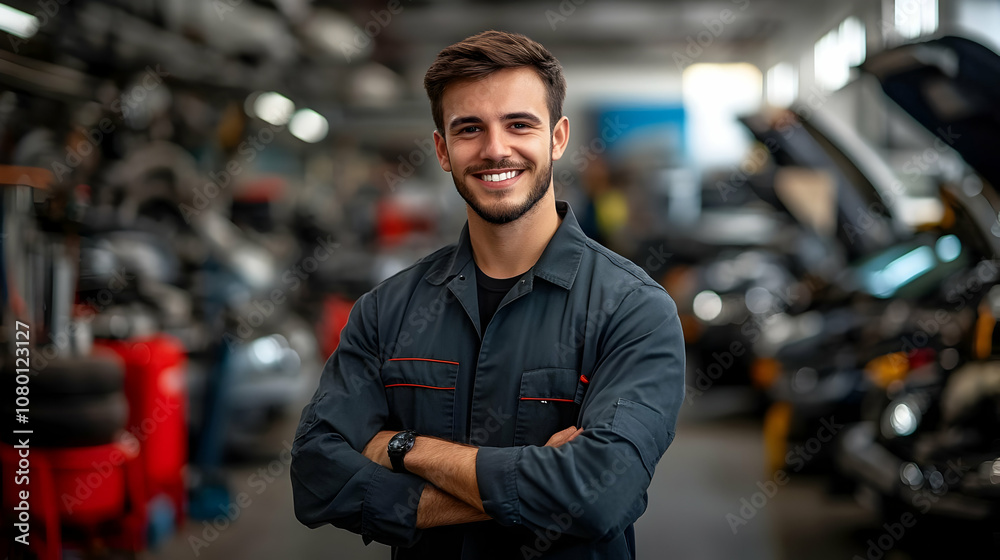 Smiling Mechanic in a Garage - Realistic Image Smiling Mechanic in a Garage - Realistic Image