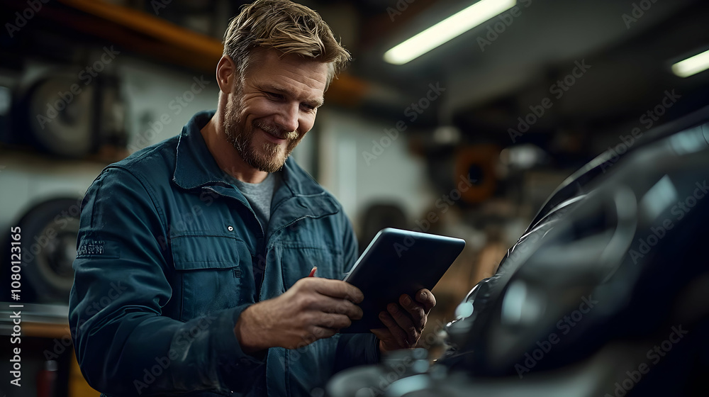 Smiling Mechanic Using a Tablet in a Garage - Realistic Image Smiling Mechanic Using a Tablet in a Garage - Realistic Image