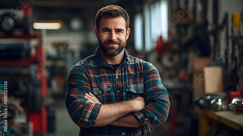 Smiling Man in a Workshop - Photo