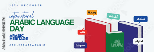 International Arabic language day. 18th December banner, post withText translation: Arabic language day, celebration banner with different books and speech bubbles of words in Arabic around them.