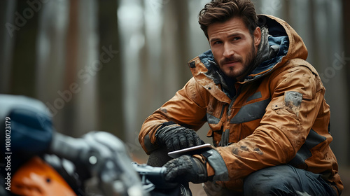 Man in Forest with Motorcycle - Realistic Image photo