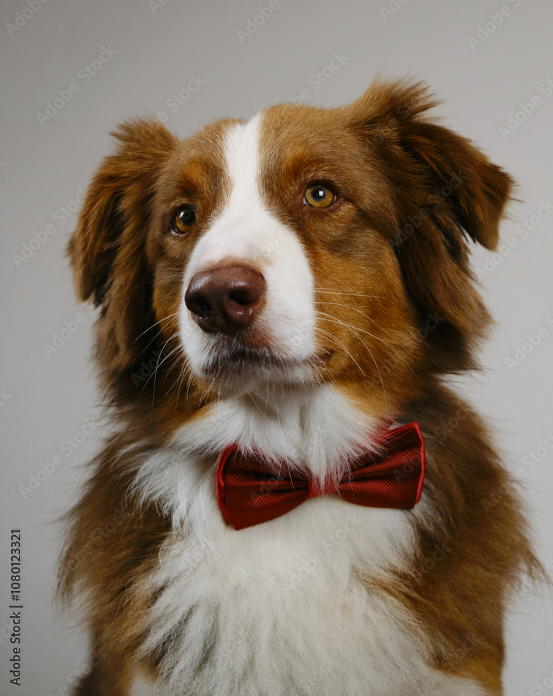 Portrait of a charming dog with a red bow tie on a light background. Fluffy cute brown Australian shepherd gentleman. Portrait of a charming dog with a red bow tie on a light background. Fluffy cute brown Australian shepherd gentleman.