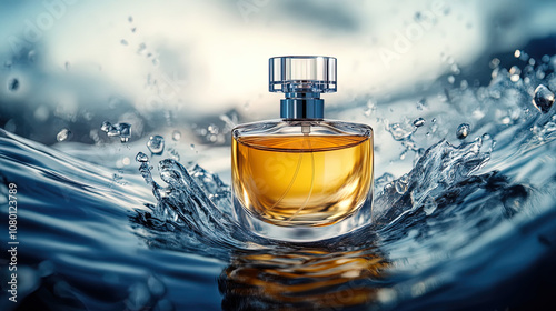 perfume bottle on the beach,Elegant Perfume Bottle Splashing on Water Surface,  Dynamic Sunset Backdrop