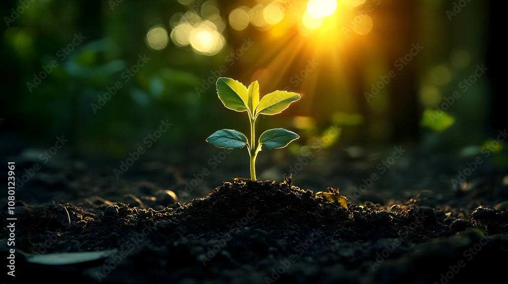 Small Plant Sprout in Soil with Sun Rays - Nature Photo Small Plant Sprout in Soil with Sun Rays - Nature Photo