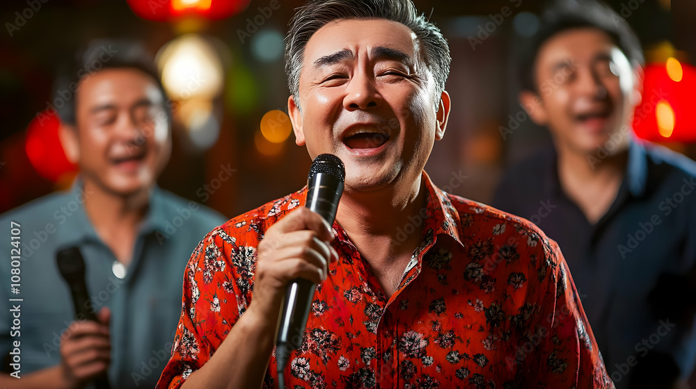 Man Singing Karaoke With Friends - Realistic Photo Man Singing Karaoke With Friends - Realistic Photo