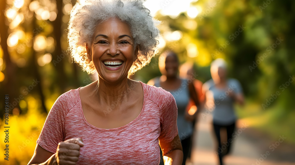 Smiling Senior Woman Running in a Park Photo Smiling Senior Woman Running in a Park Photo