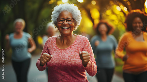 Smiling Senior Woman Running with Friends in Park Photo photo