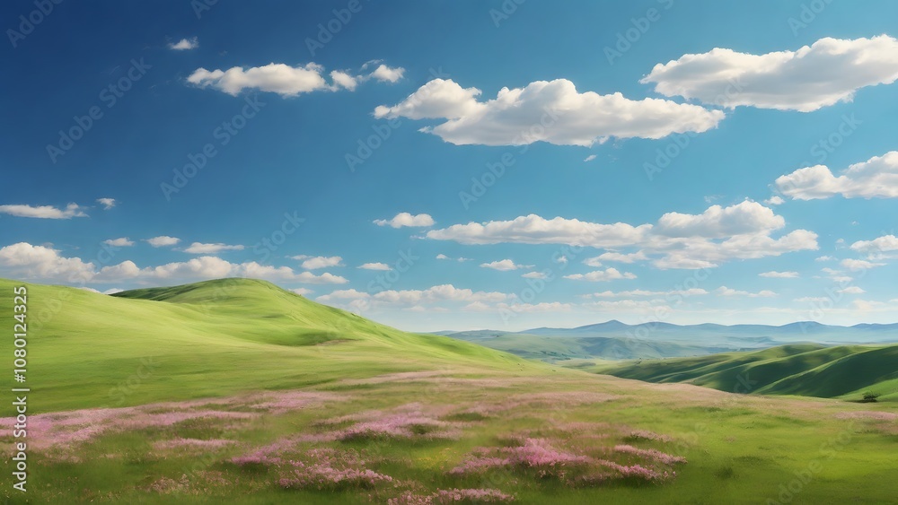 Rolling Green Hills Under a Bright Blue Sky with White Clouds Rolling Green Hills Under a Bright Blue Sky with White Clouds