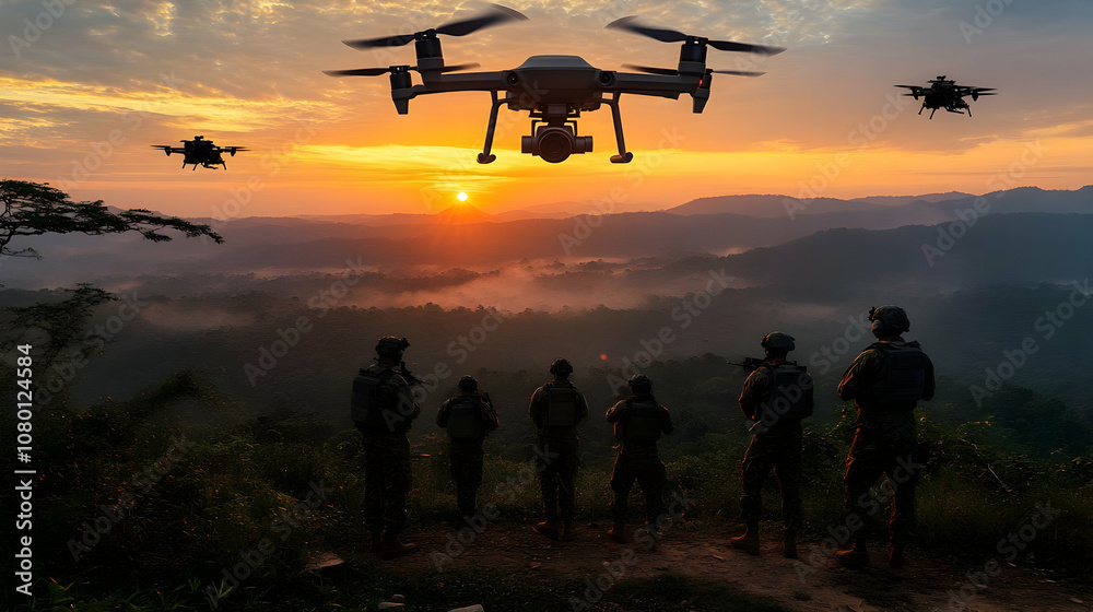 Drone Surveillance in the Jungle at Sunset - Realistic Image Drone Surveillance in the Jungle at Sunset - Realistic Image