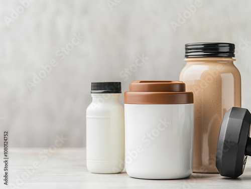 Protein containers and blender bottle arranged on table, showcasing various sizes and colors. Ideal for fitness enthusiasts and health conscious individuals
