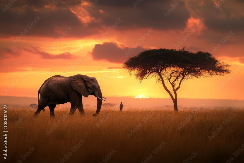 Fototapeta premium Majestic Elephant and Acacia Tree in Serene African Sunset Landscape