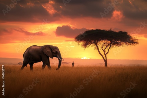 Majestic Elephant and Acacia Tree in Serene African Sunset Landscape photo