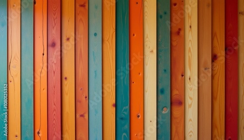  Vibrant wooden wall with a colorful striped pattern