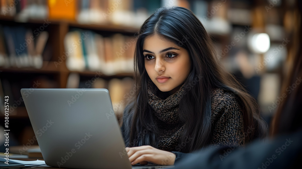 Young Woman Studying in Library with Laptop - Realistic Image Young Woman Studying in Library with Laptop - Realistic Image