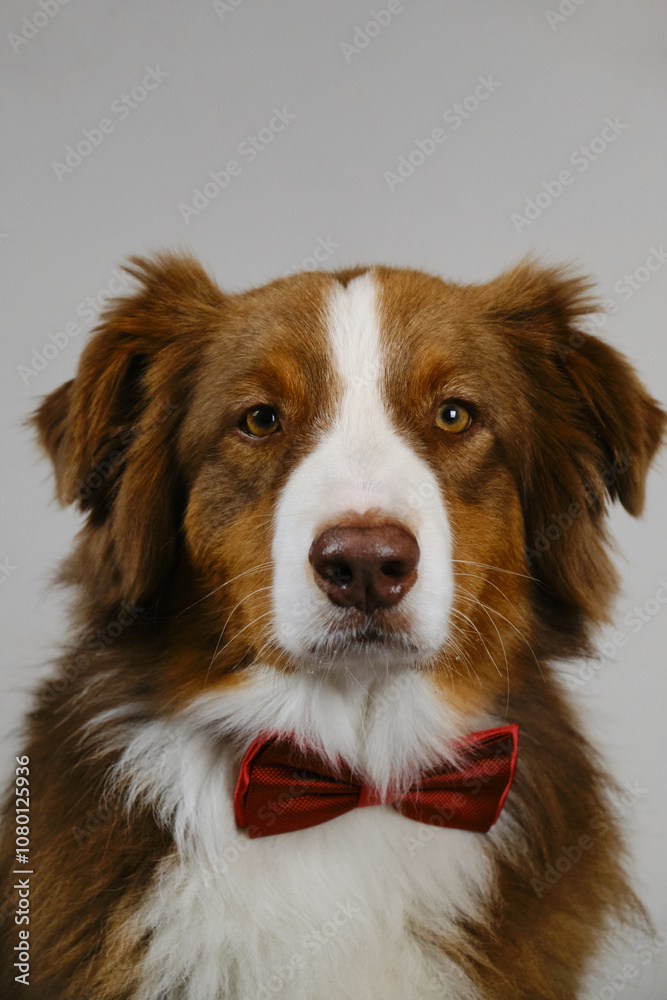 Portrait of a charming dog with a red bow tie on a light background. Fluffy cute brown Australian shepherd gentleman. Portrait of a charming dog with a red bow tie on a light background. Fluffy cute brown Australian shepherd gentleman.