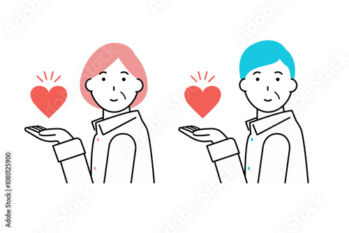 ハートを掲げる中年の男性と女性