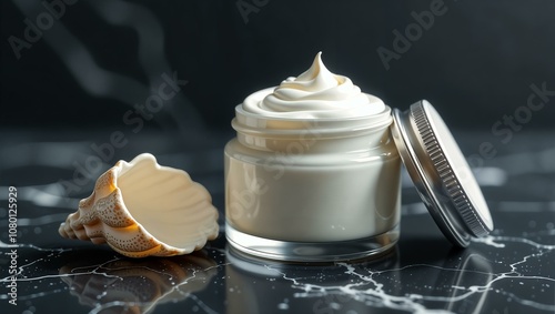 Face or body cream in a white jar without a label with a metal lid on a black marble surface, a sea shell lies nearby. Front view close-up