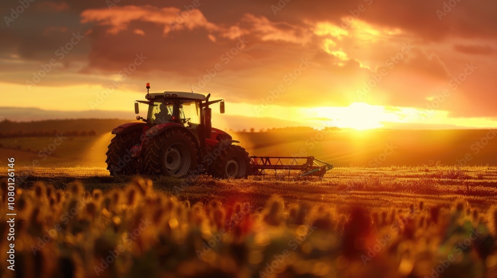 Fototapeta premium Agriculture Machinery: Tractor Working in Farm Field with Beautiful Sunset Landscape