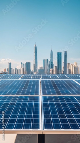 A panoramic view of solar panels with a modern city skyline in the background under a clear blue sky.