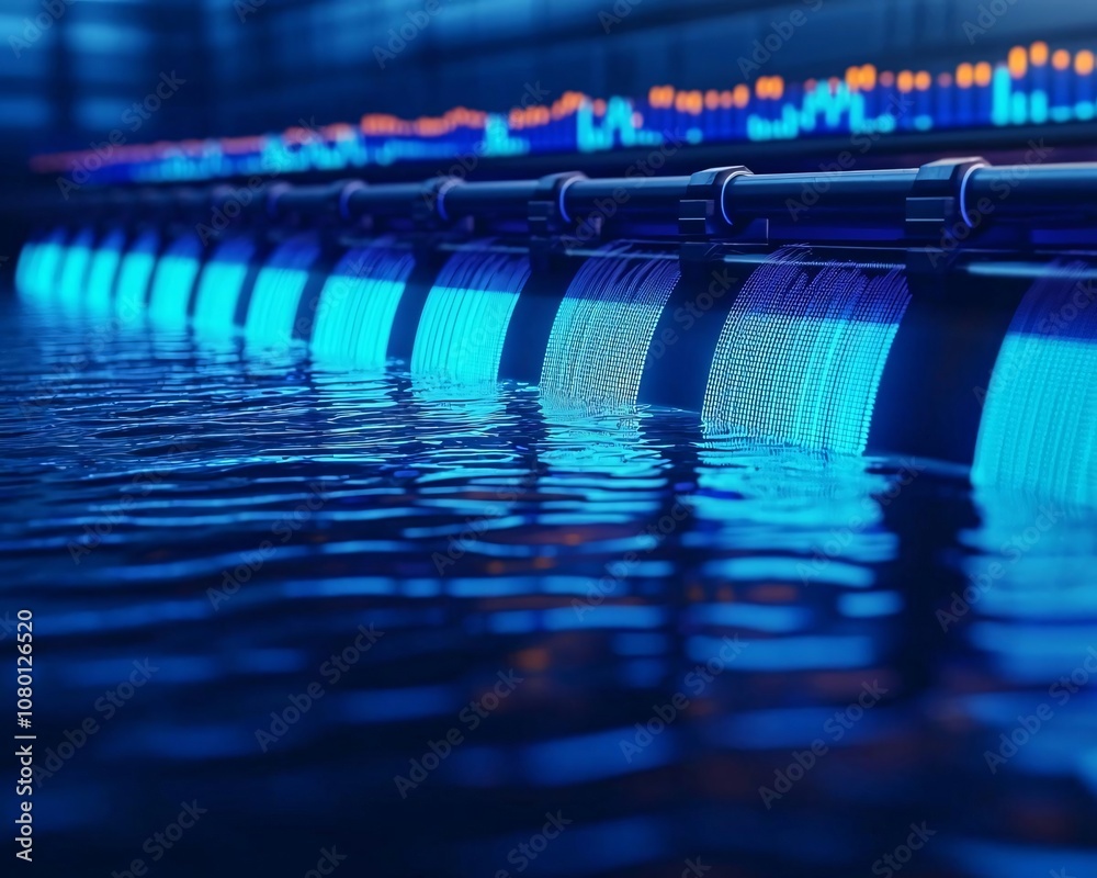 Fototapeta premium A serene view of illuminated water flows, showcasing vibrant blue tones in a modern aquatic environment.