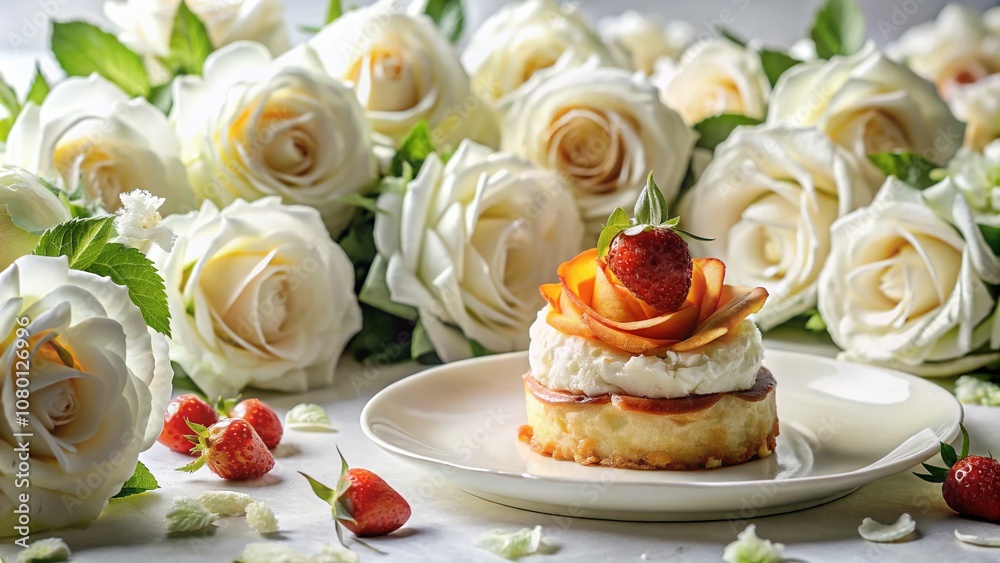 White Roses Background Food Photography AI Art, Delicious Dishes White Roses Background Food Photography AI Art, Delicious Dishes