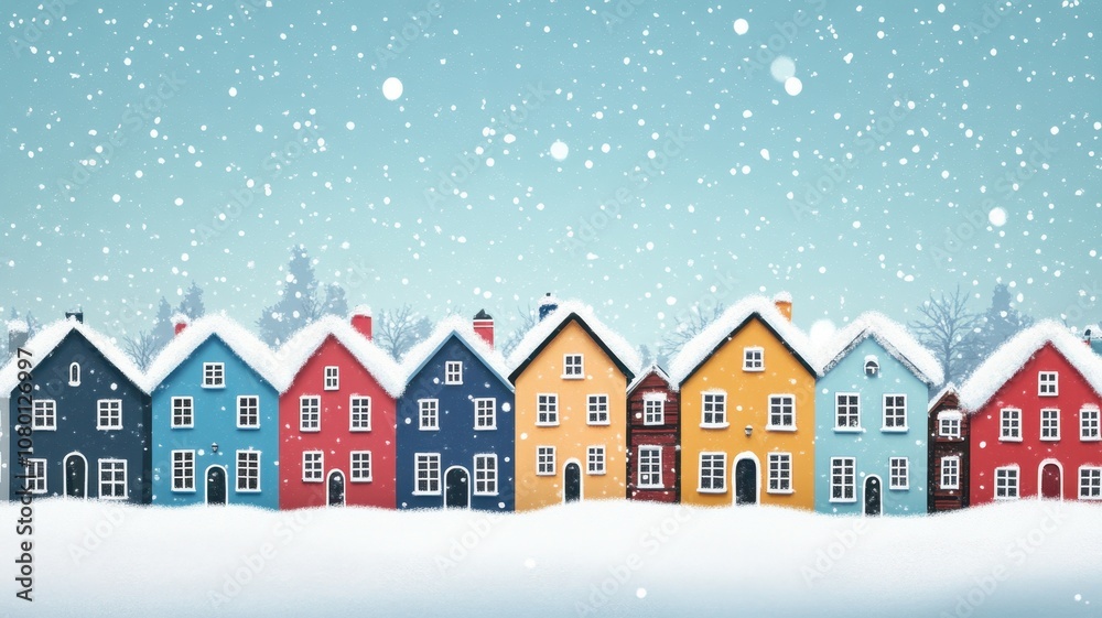 Colorful houses lined up in the snow, under a pale blue sky, creating a cozy winter scene filled with falling snowflakes. Colorful houses lined up in the snow, under a pale blue sky, creating a cozy winter scene filled with falling snowflakes.