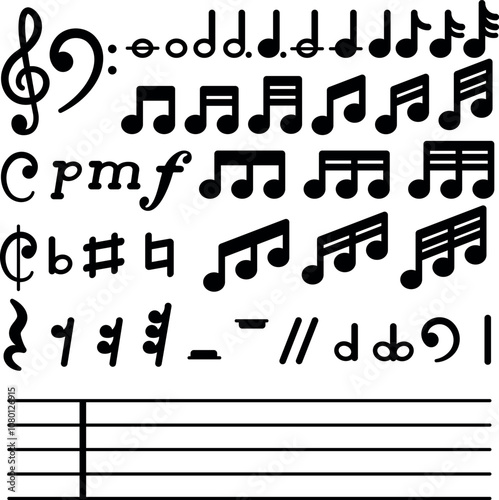 Collection of musical notes, pentagram and symbols