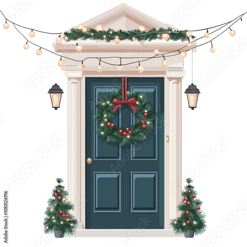 Blue door decorated with Christmas tree and garland. Vector illustration..eps