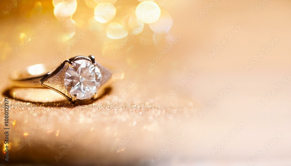 Jewelry, gold and diamond ring for engagement on background on mockup space banner. Expensive gemstone, shine and metal symbol of love for wedding gift, fashion accessory or luxury treasure closeup Jewelry, gold and diamond ring for engagement on background on mockup space banner. Expensive gemstone, shine and metal symbol of love for wedding gift, fashion accessory or luxury treasure closeup