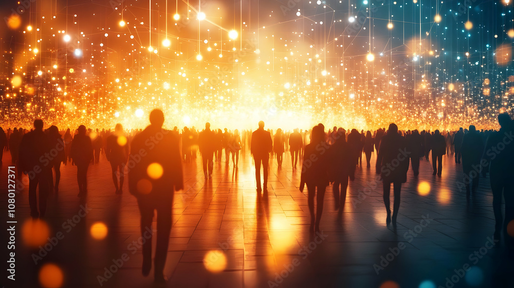 Obraz premium Silhouettes of People Walking Through a Bright, Abstract Background