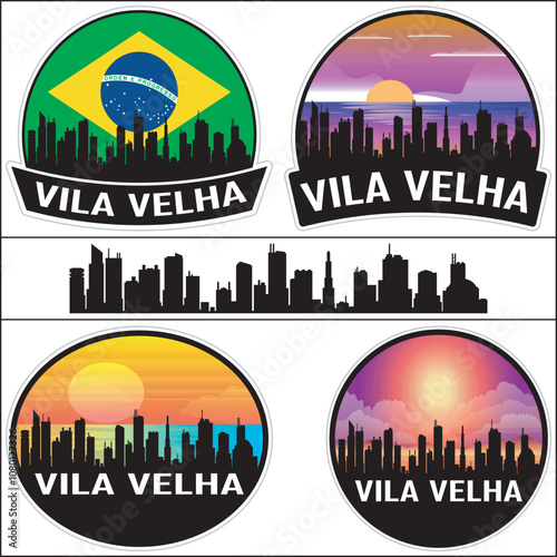 Vila Velha Brazil Flag Skyline Cityscape Silhouette Travel Souvenir Sticker Sunset Isolated Vector