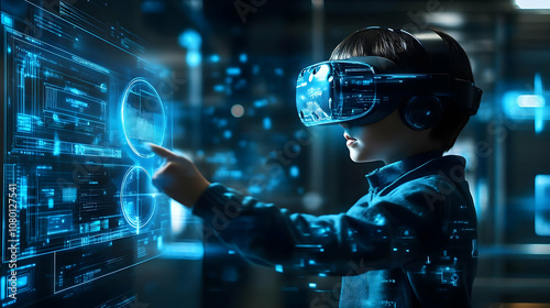 Young Boy Using VR Headset Interacting with Futuristic Interface - Illustration