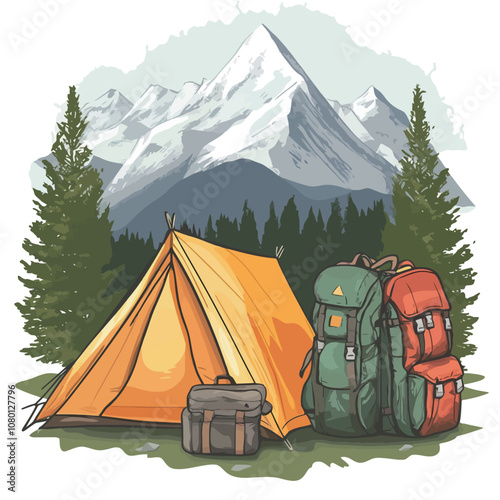 Camping in the mountains with backpack and tent. Vector illustration..eps