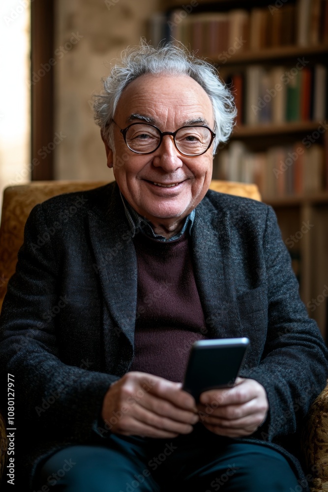 Smiling Senior Man Enjoys Using Smartphone at Home, Comfortable Retirement, Embracing Technology