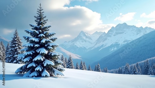  Snowy mountain wonderland with a majestic evergreen tree