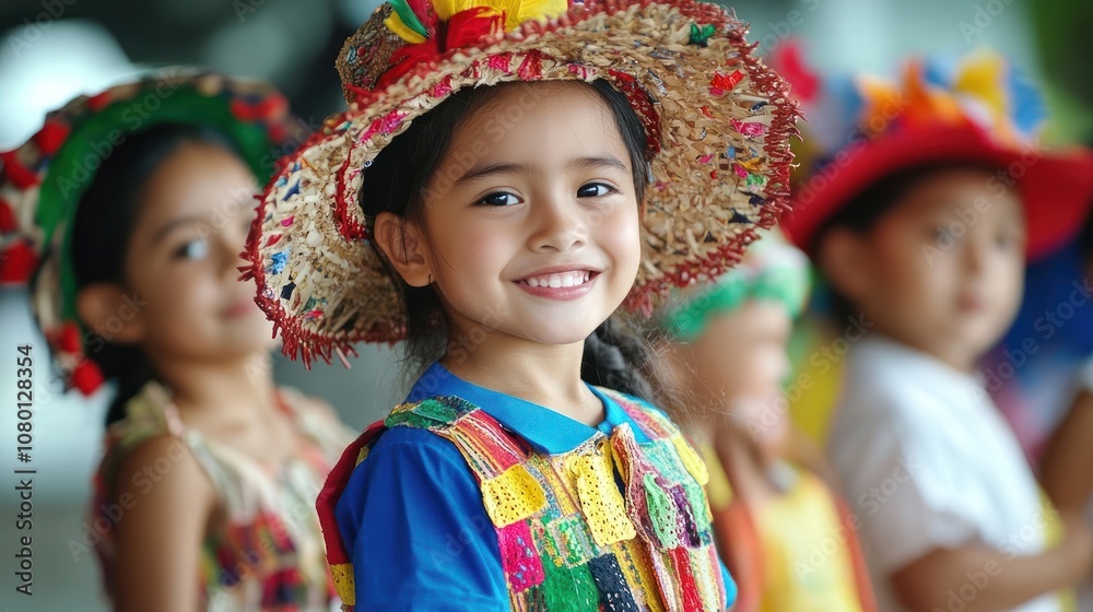 Fototapeta premium A young girl wearing a colorful hat and traditional clothing smiles for the camera.