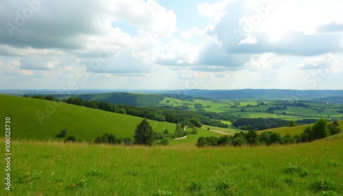 Fototapeta Naklejka Na Ścianę i Meble -   Vast verdant landscape under a clear sky