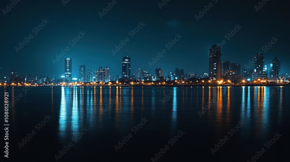 Fototapeta premium A serene night cityscape reflecting lights on water, showcasing urban beauty and tranquility.