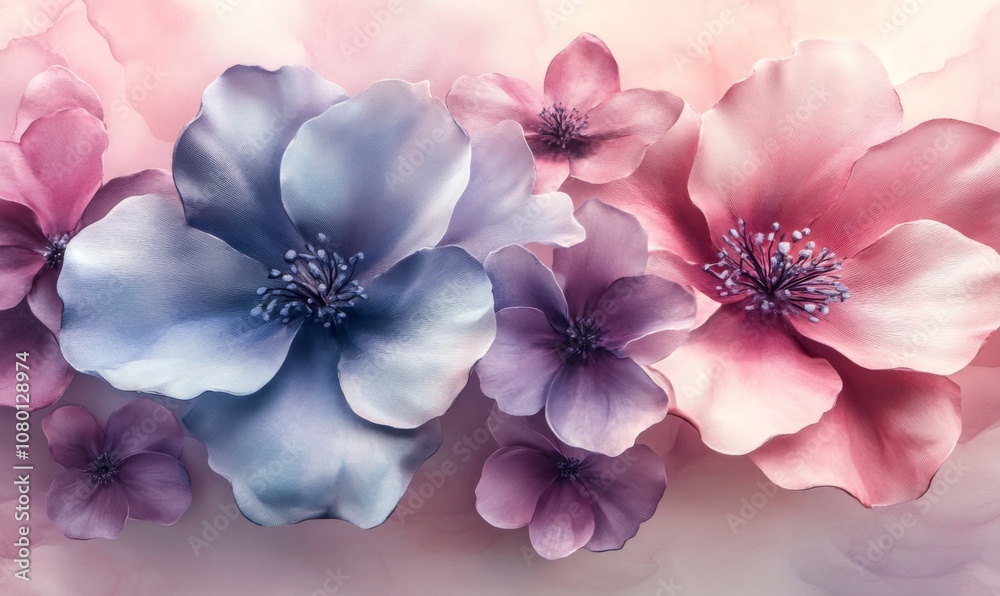 Watercolor background with hand-painted flowers in soft pinks and purples, feminine and delicate, 3D illustration Watercolor background with hand-painted flowers in soft pinks and purples, feminine and delicate, 3D illustration
