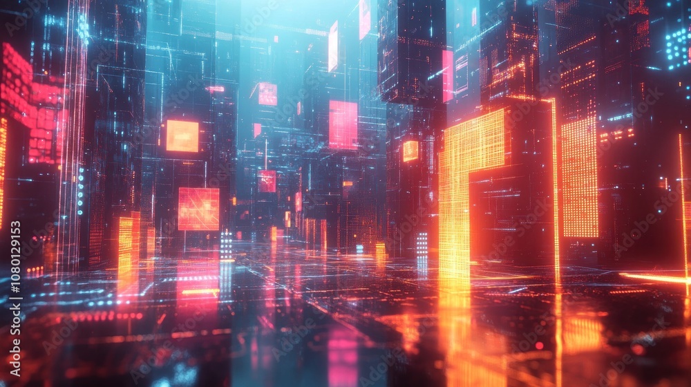 Fototapeta premium Futuristic city with neon lights and glowing digital structures.