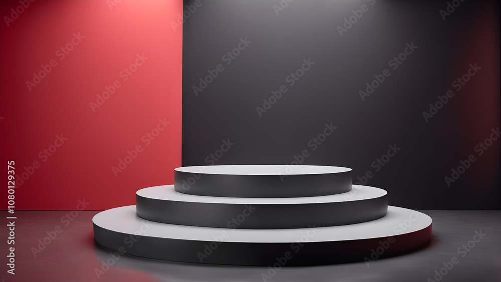 Fototapeta premium black podium with red wall and floor background.