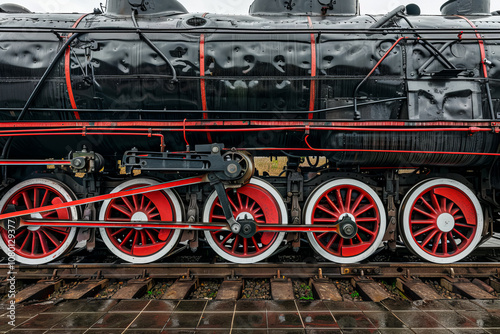 Closeup of an old steam locomotive wheel, showcasing the intricate engineering and historical significance of vintage transportation.