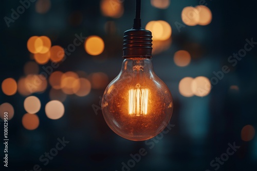 A glowing light bulb hanging in the dark room with a blurred lights background. Vintage-style lamp